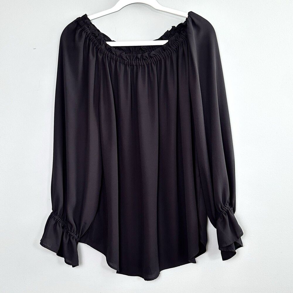Talbots Flowy Top Blouse Ruffles Womens 1X Black Long Sleeve Whimisgoth